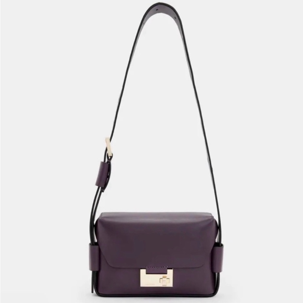 AllSaints Frankie Purple Leather Crossbody with Gold-Tone Lock